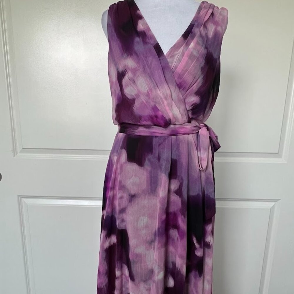 DKNY Purple Plum V-Neck Faux Wrap Midi Sleeveless Dress Size 8
